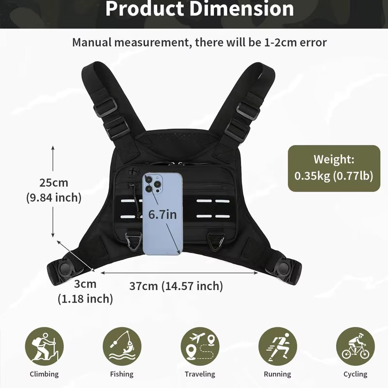 Outdoor Chest Bag for Men Front Rig Pouch Running Vest Phone Holder Tactical Sports Pack Hiking Fishing Molle Camping Backpack