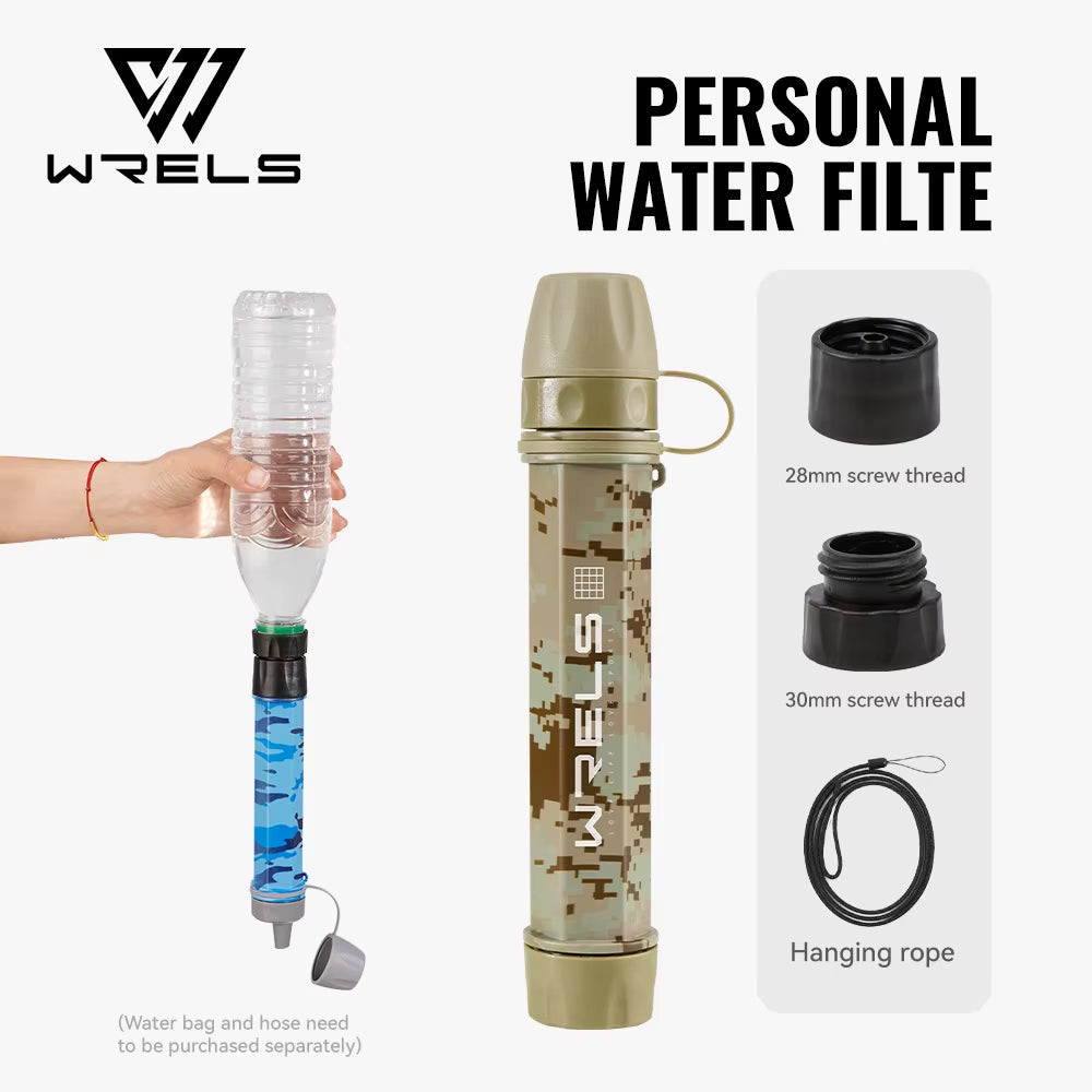WRELS Outdoor Mini Water Purification Filter Straw with Carbon Fiber Water Bag for Camping and Emergency Preparedness