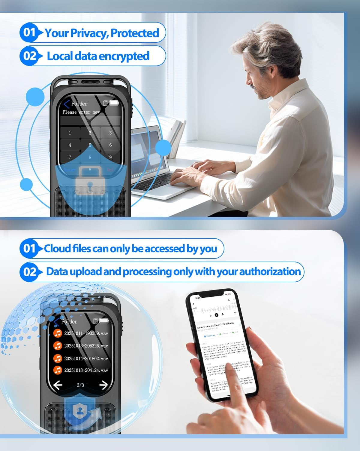 2" Touchscreen Digital Voice Recorder with Playback,  64GB 100Hrs Recording Device with Noise Reduction, Password, Real-Time Transcribe Summarize MP3 for Meetings Interviews Lectures