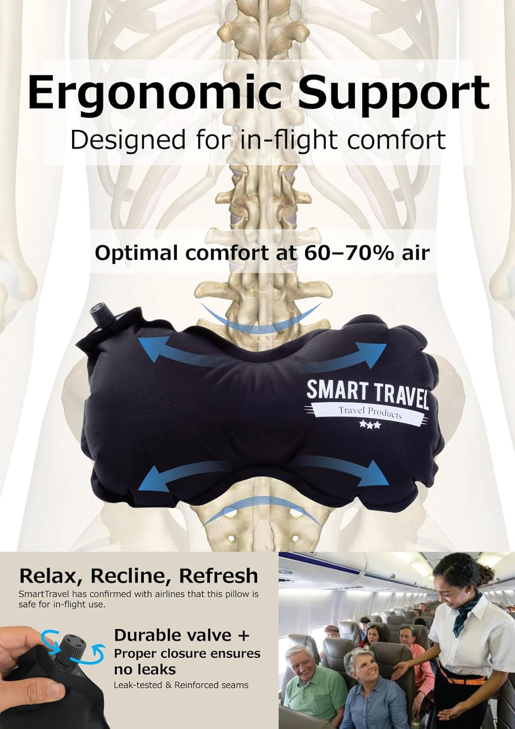 Travel Products Inflatable Travel Lumbar Pillow for Airplane Seat – Adjustable Lower Back Support Cushion for Long Flights