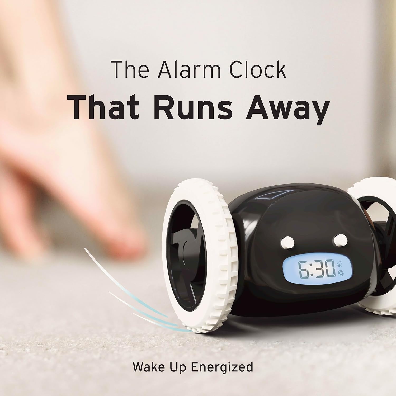 Alarm Clock on Wheels – Loud Rolling Alarm Clock for Heavy Sleepers | Runaway Clock That Jumps & Runs to Wake You up | Funny Unique Gift for Adults, Teens & Kids Bedrooms (Black)