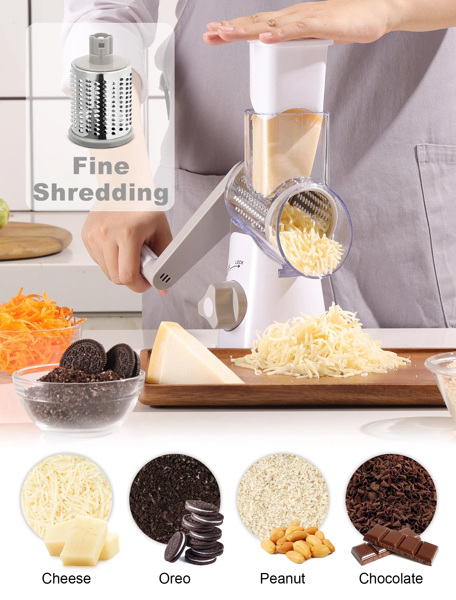 Cheese Grater Rotary, Rotary Grater for Kitchen, Kitchen Grater Vegetable Slicer with 3 Drum Blades, Fast Cutting Cheese Shredder for Vegetables and Nuts