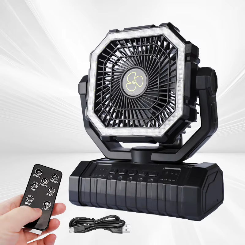 20,000mAh Rechargeable Camping Fan with LED Light and Remote Control, 4-Speed Timing Portable Tent Fan with Adjustable Hook Design for Outdoor Use