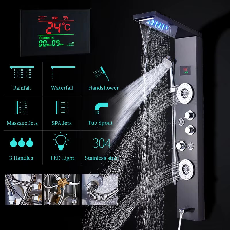 Newly Luxury Black/Brushed Bathroom Shower Faucet LED Shower Panel Column Bathtub Mixer Tap with Hand Shower Temperature Screen