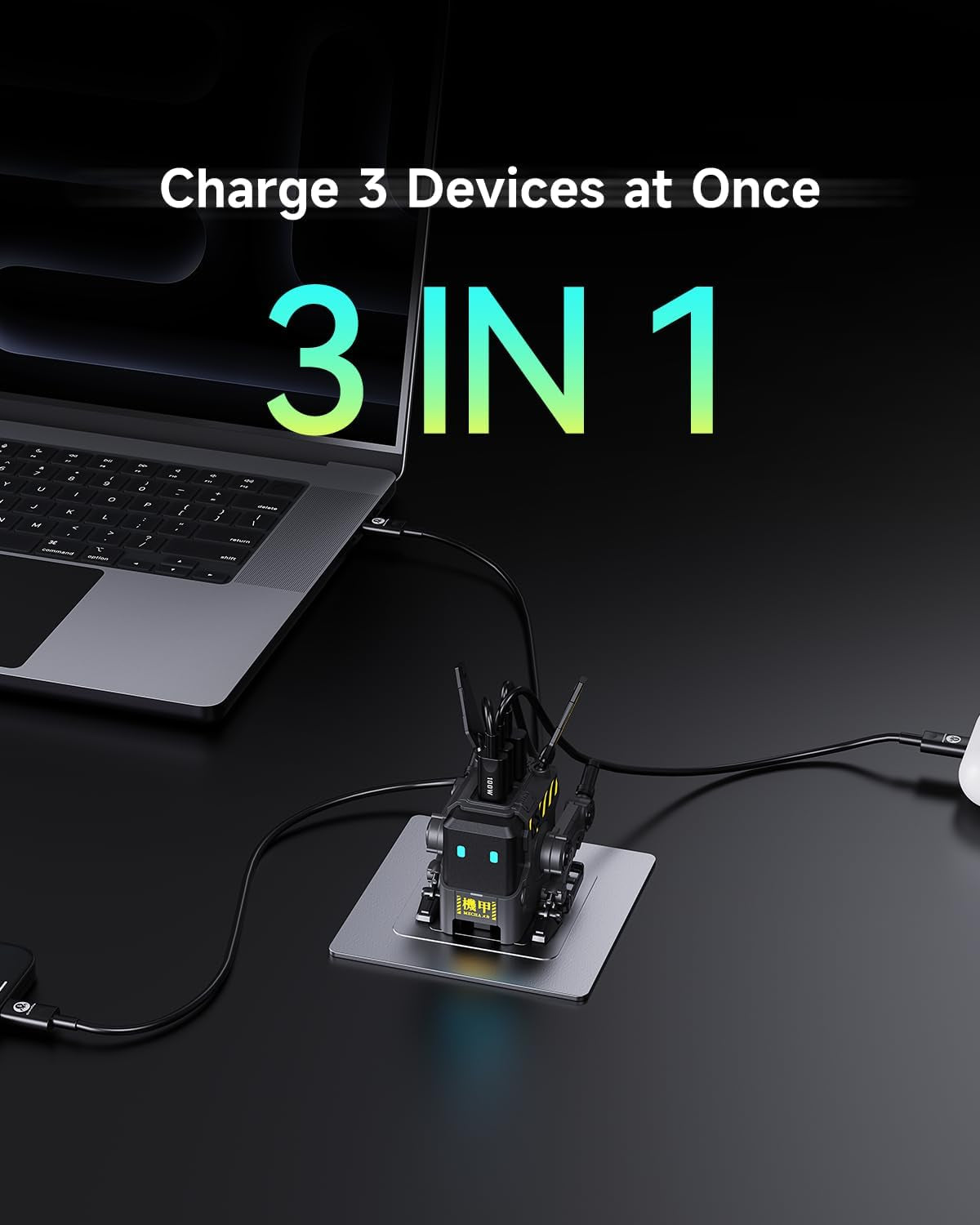 65W Alpha65 Robot Fast Gan Charger Block, 3-Port Fast Charger, Foldable Wall USB C Charger for Iphone, Macbook, Ipad, Laptop, Steam Deck, Gifts for Men (65W, Gray)