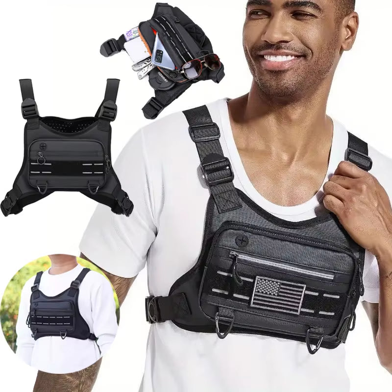 Outdoor Chest Bag for Men Front Rig Pouch Running Vest Phone Holder Tactical Sports Pack Hiking Fishing Molle Camping Backpack