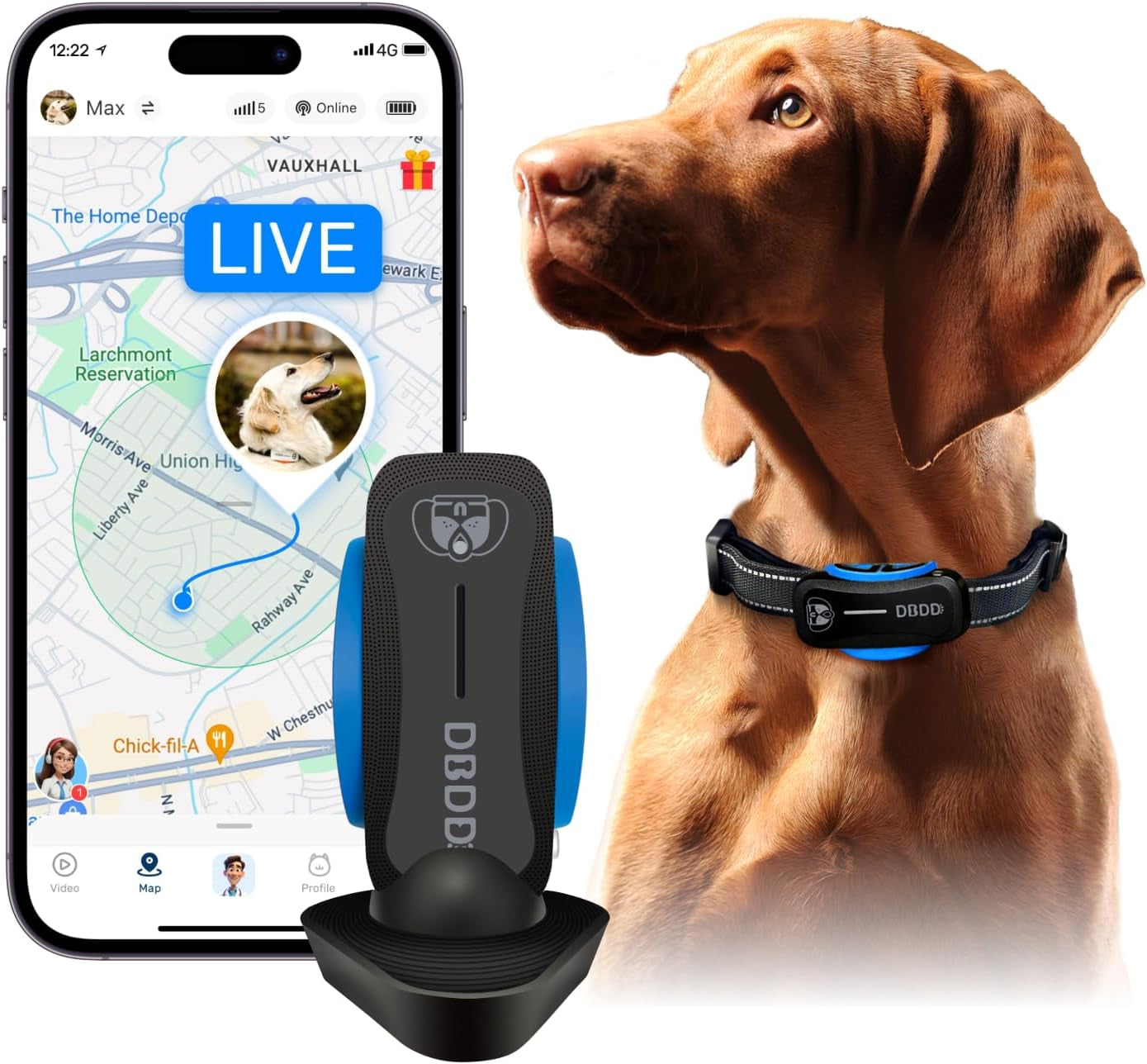 AI GPS Tracker for Dogs (30Lbs+), Real Time Location and AI Health Assistant, Electronic Fence, Waterproof, Ios and Android Universal (D5-Black)