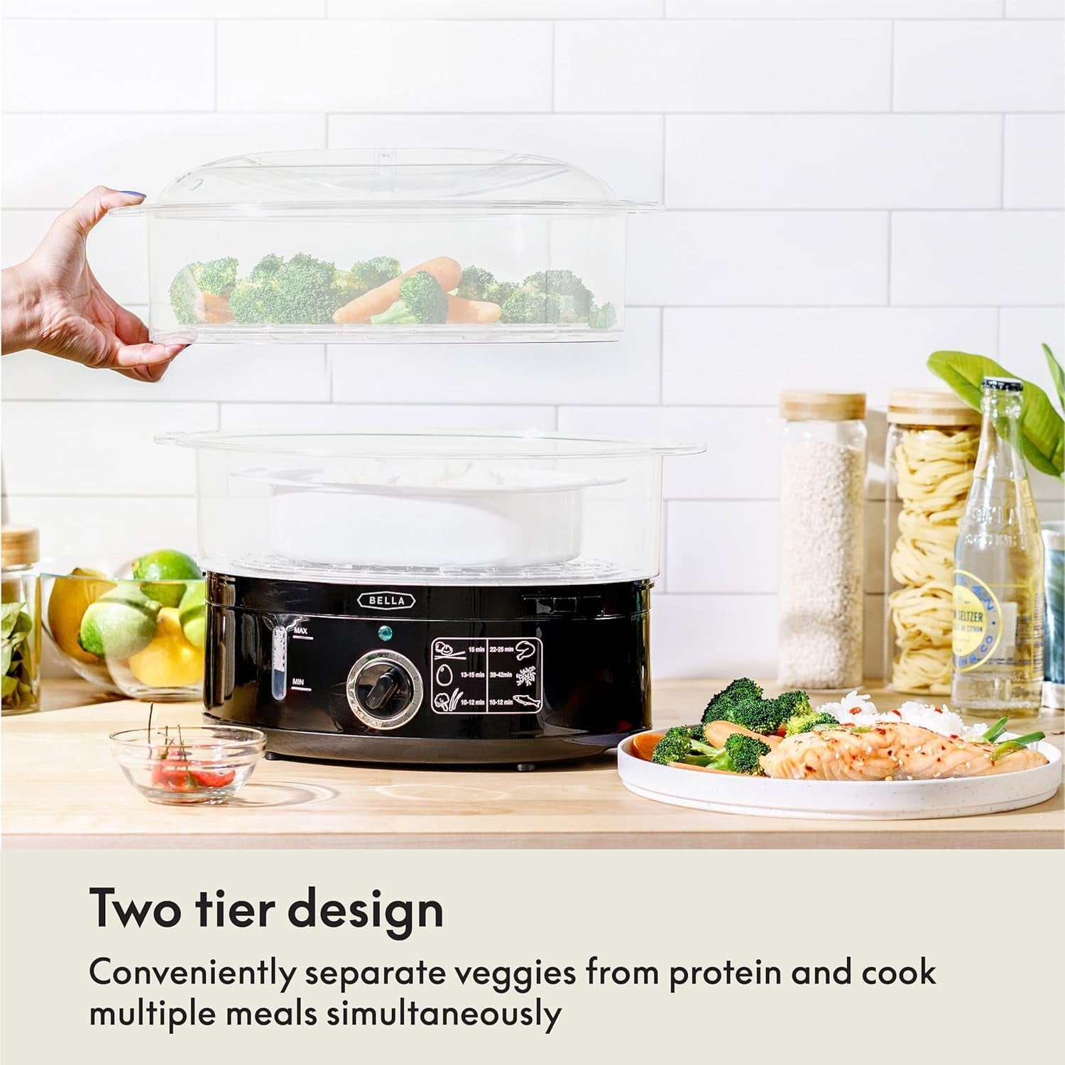 Two Tier Food Steamer with Stackable Baskets & Removable Base for Fast Simultaneous Cooking - Auto Shutoff & Boil Dry Protection, 7.4 QT, Black