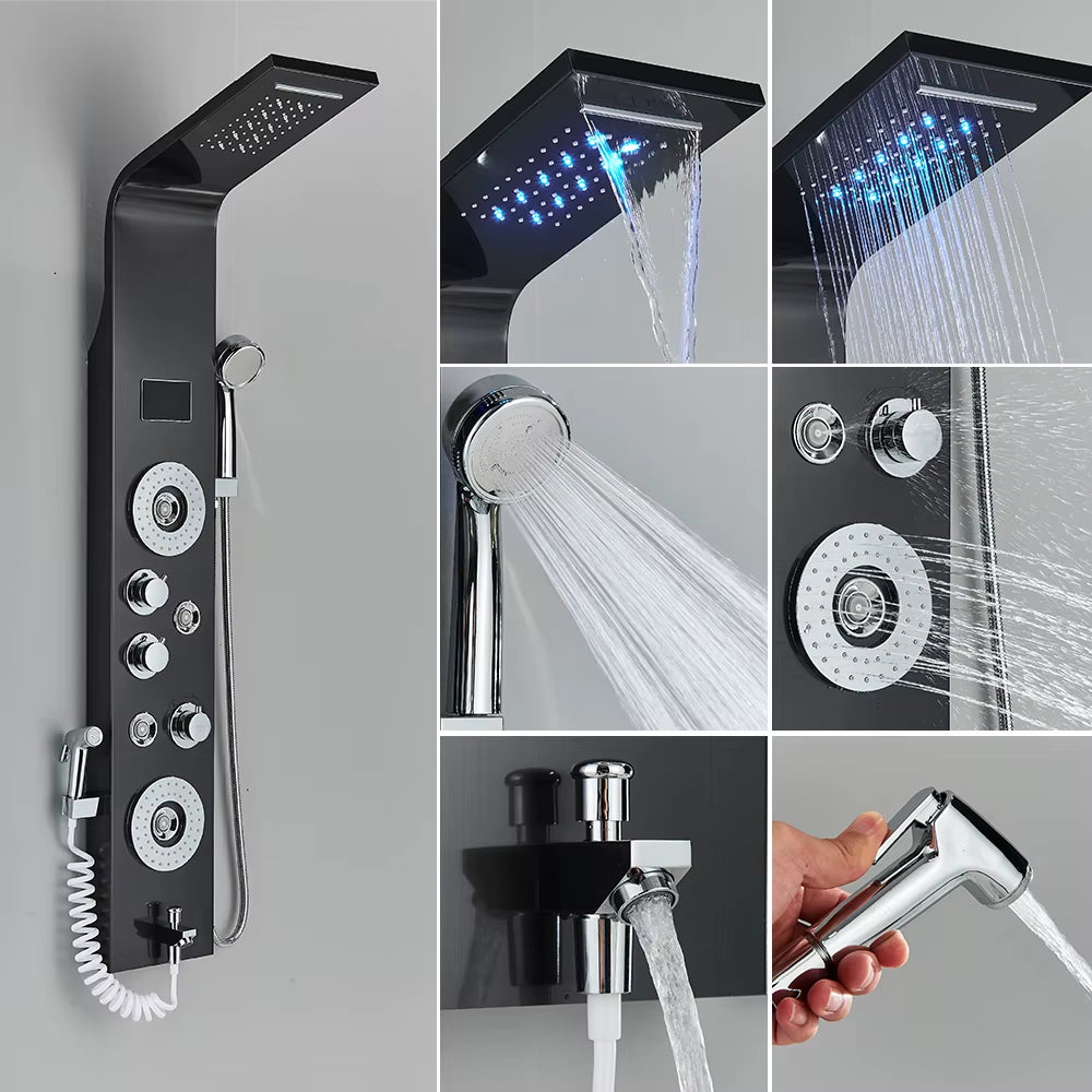 Newly Luxury Black/Brushed Bathroom Shower Faucet LED Shower Panel Column Bathtub Mixer Tap with Hand Shower Temperature Screen
