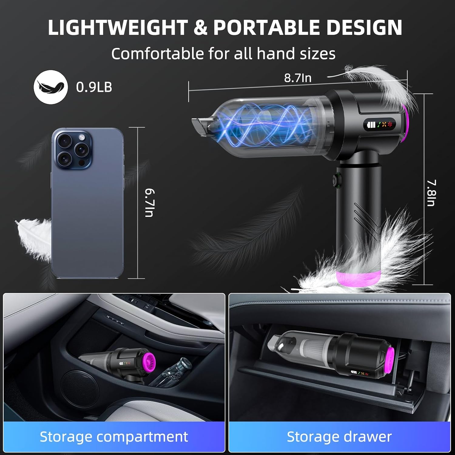 Cordless Vacuum Cleaner - 22000PA Handheld Car Vacuum, 4-In-1 Portable Mini Air Duster Rechargeable, 3-Speed Small Powerful Gadgets & Gifts, for Home, Office, Mattress, Carpet, Pet (Black)