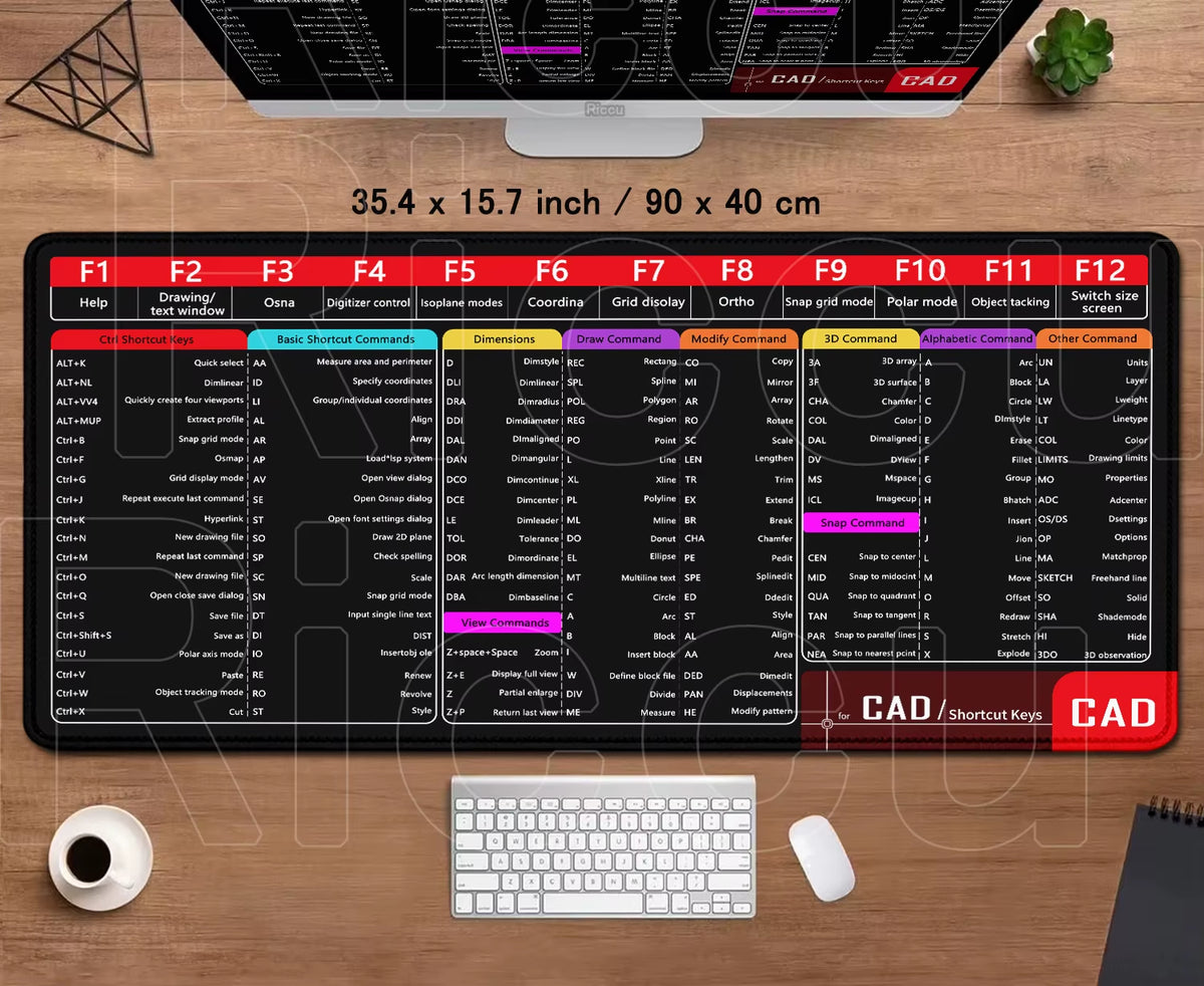 Professional Office Mouse Pad with AutoCAD Cheat Sheet - Large 100x50cm Gaming Desk Mat, Stitched Edge, Non-Slip Rubber Base