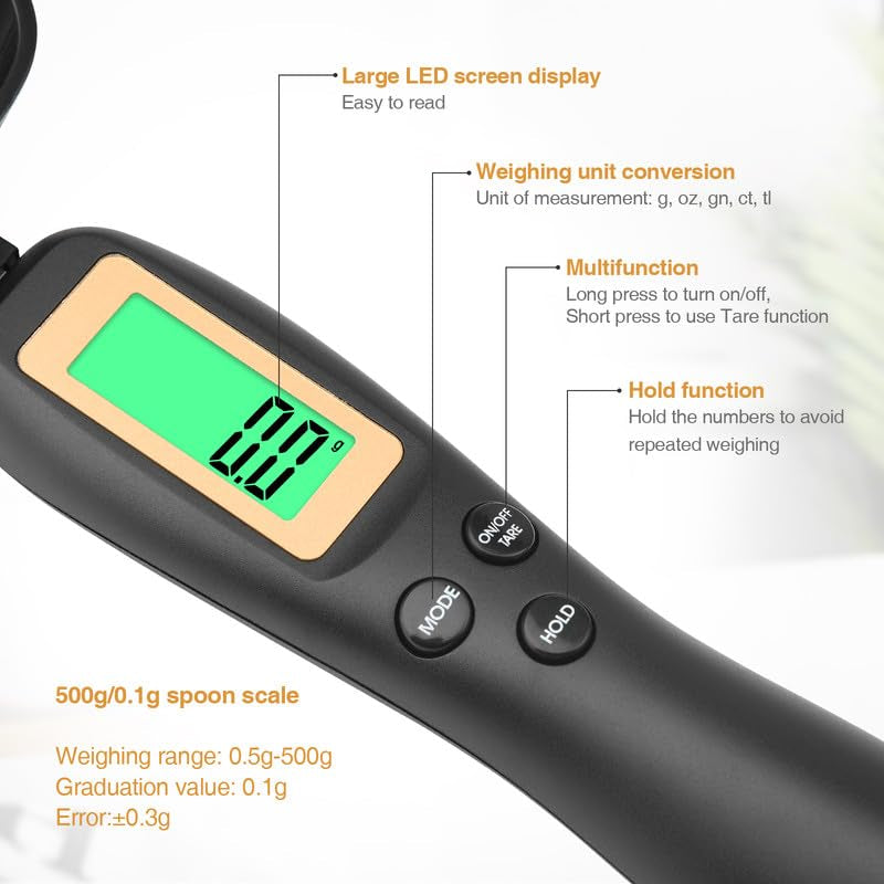 Digital Measuring Spoon, Electronic Adjustable Measuring Spoon Scale 500G / 0.1G High Precision for Kitchen Gadgets Daily Meals Pet/Dog Food Measuring Scoop