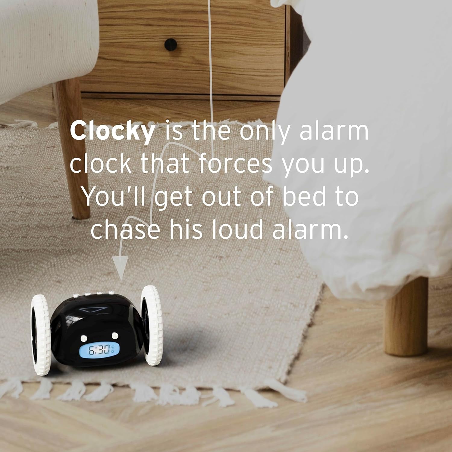 Alarm Clock on Wheels – Loud Rolling Alarm Clock for Heavy Sleepers | Runaway Clock That Jumps & Runs to Wake You up | Funny Unique Gift for Adults, Teens & Kids Bedrooms (Black)