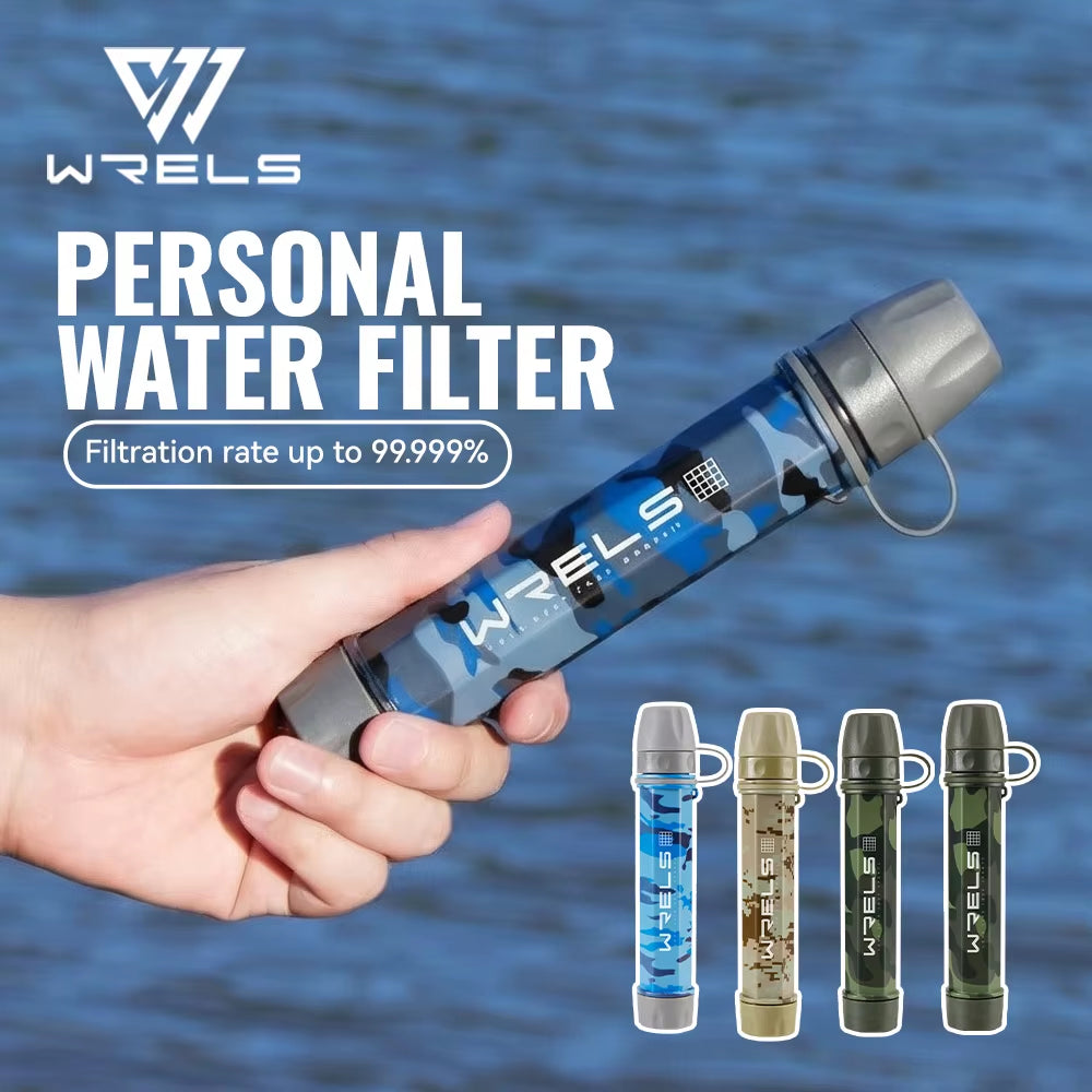 WRELS Outdoor Mini Water Purification Filter Straw with Carbon Fiber Water Bag for Camping and Emergency Preparedness