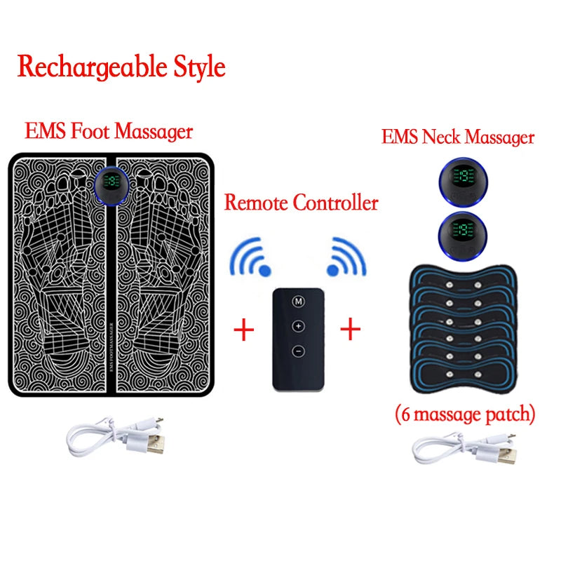Rechargeable EMS Foot Massager Pad with Remote Control - Portable Electric Muscle Stimulation Mat for Pain Relief and Relaxation