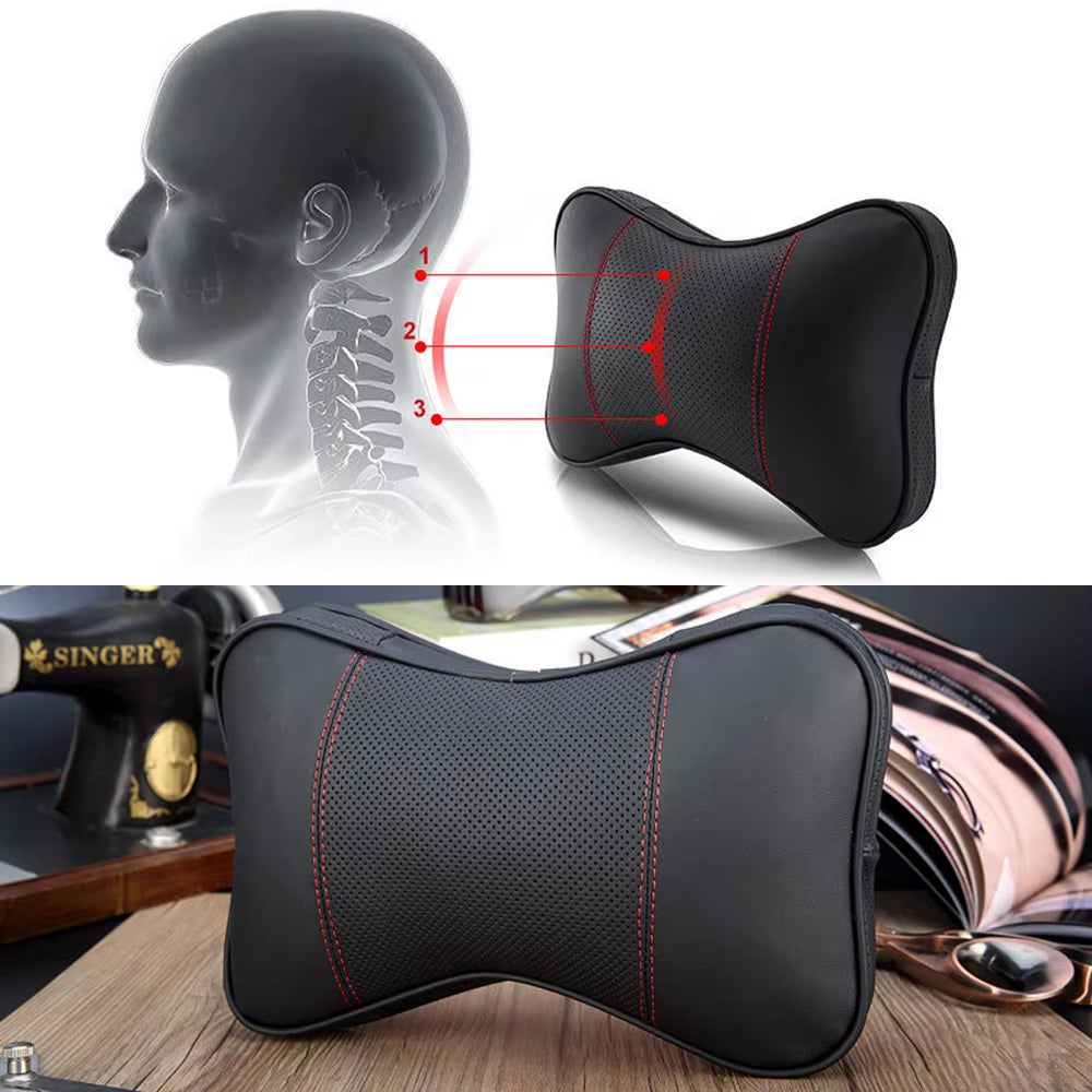 Set of 2 Premium Cowhide Car Neck Pillows - Soft, Breathable Headrest Support for Universal Vehicle Interiors