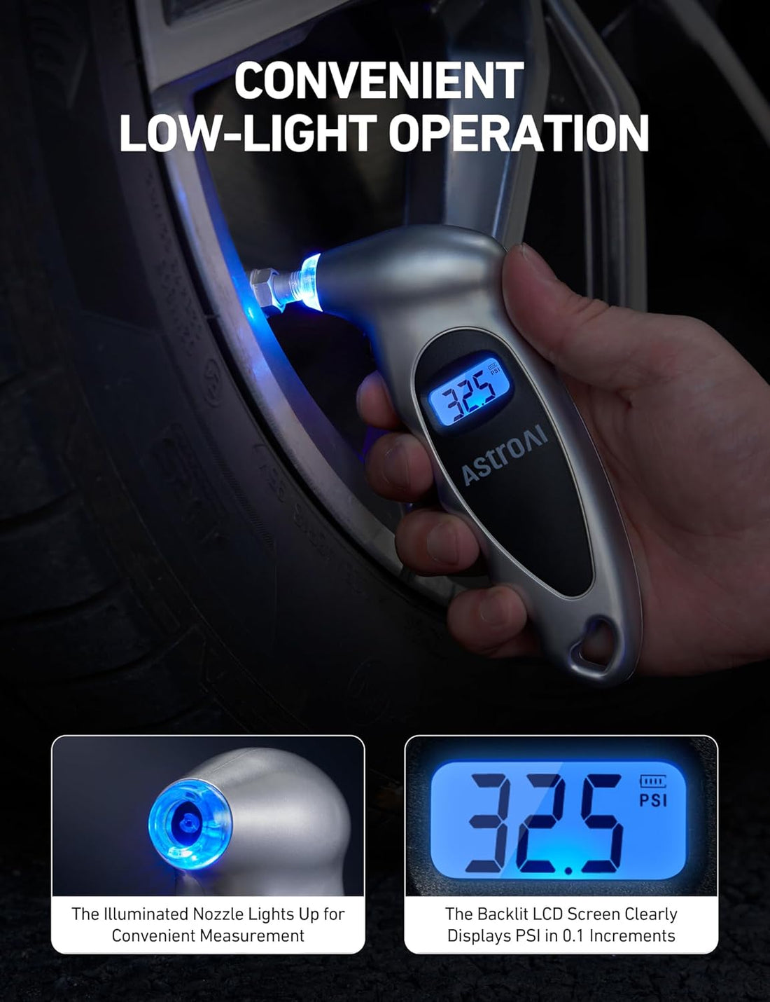 Digital Tire Pressure Gauge 0-150PSI Calibrated to ANSI B40.7 +/-1PSI, Accurate in 0.1 Increments, 4 Units for Car Truck Bicycle with Backlight LCD, Silver