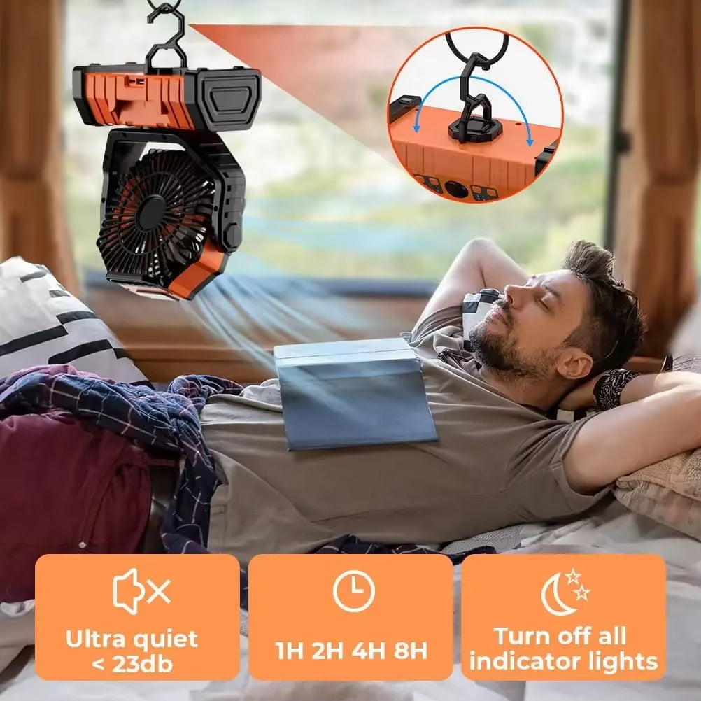 20,000mAh Rechargeable Camping Fan with LED Light and Remote Control, 4-Speed Timing Portable Tent Fan with Adjustable Hook Design for Outdoor Use