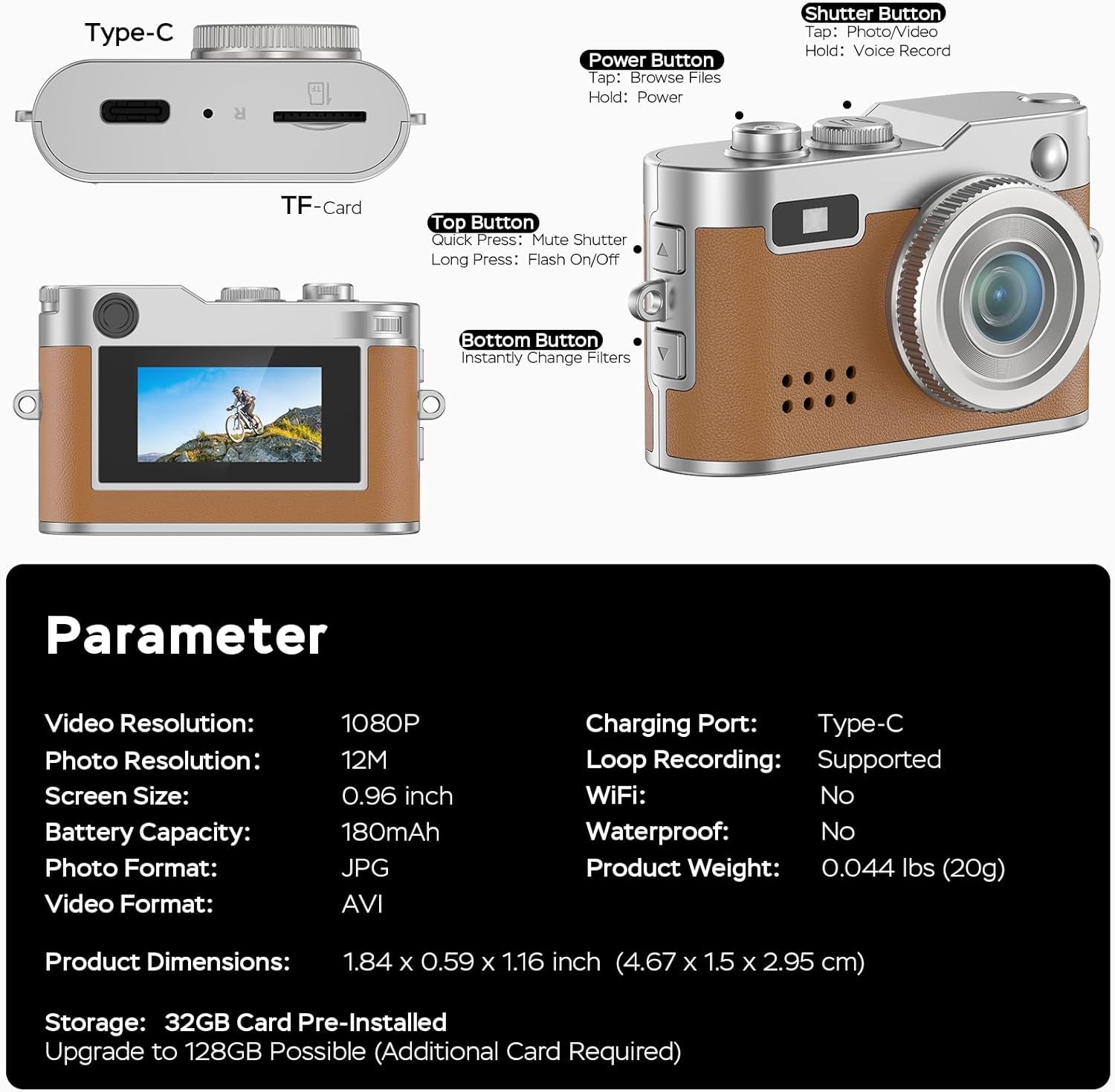 Mini Retro Camera with 1080P Video, 12MP Photos, Keychain Digital Camera, Ultra-Compact Tiny Camera with 32GB SD Card, OTG Adapter, Vintage Little Cameras for Travel, Daily Vlogging, Ideal Gift, Brown