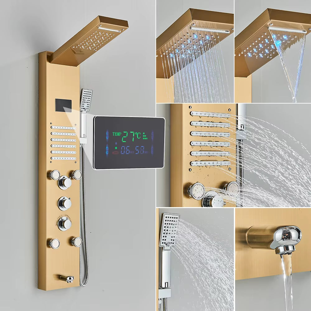 Newly Luxury Black/Brushed Bathroom Shower Faucet LED Shower Panel Column Bathtub Mixer Tap with Hand Shower Temperature Screen