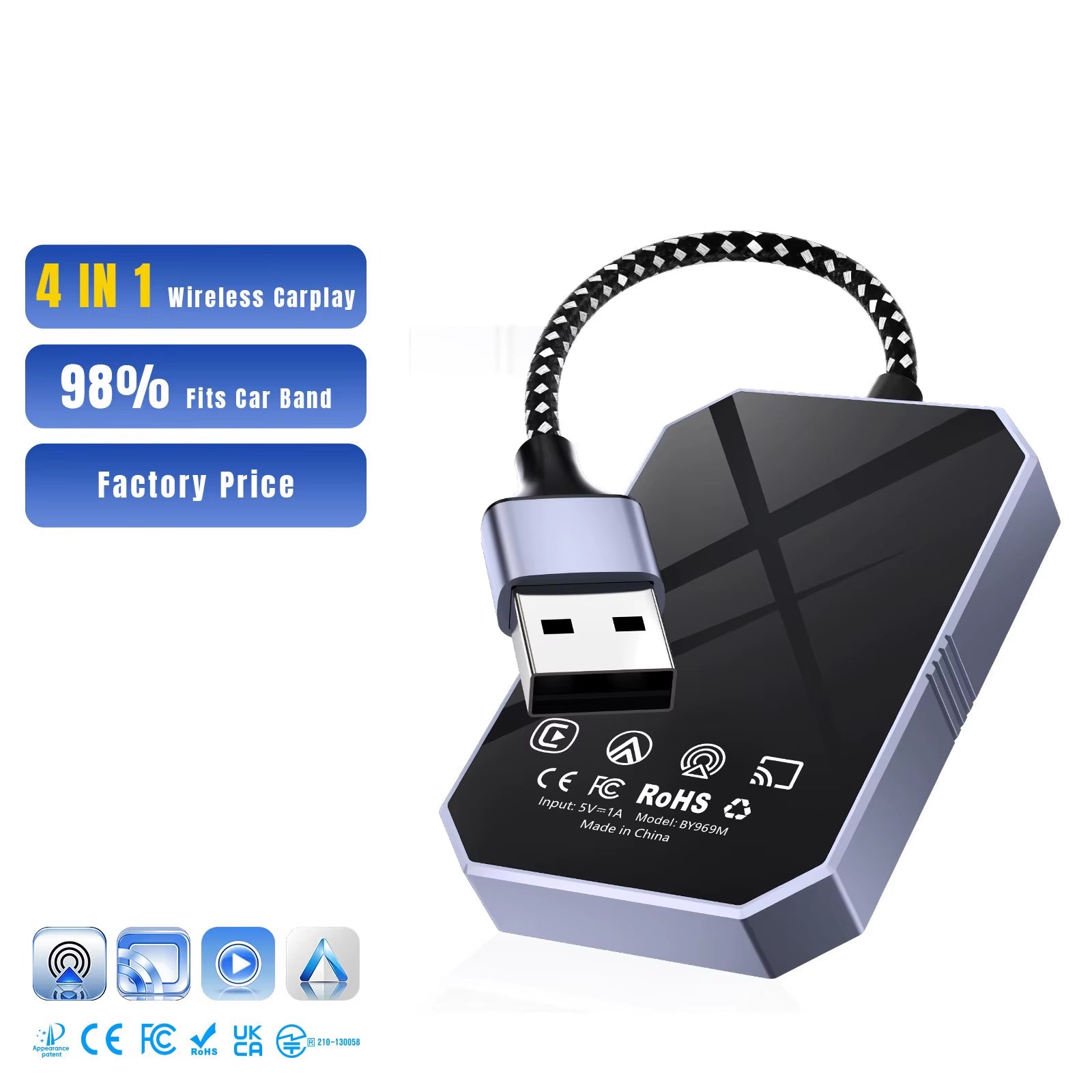 4 in 1 Wireless Carplay Adapter Android Auto Smart Box Car Stereo for Mercedes Benz for Volkswagen for Volvo for Hyundai for VW