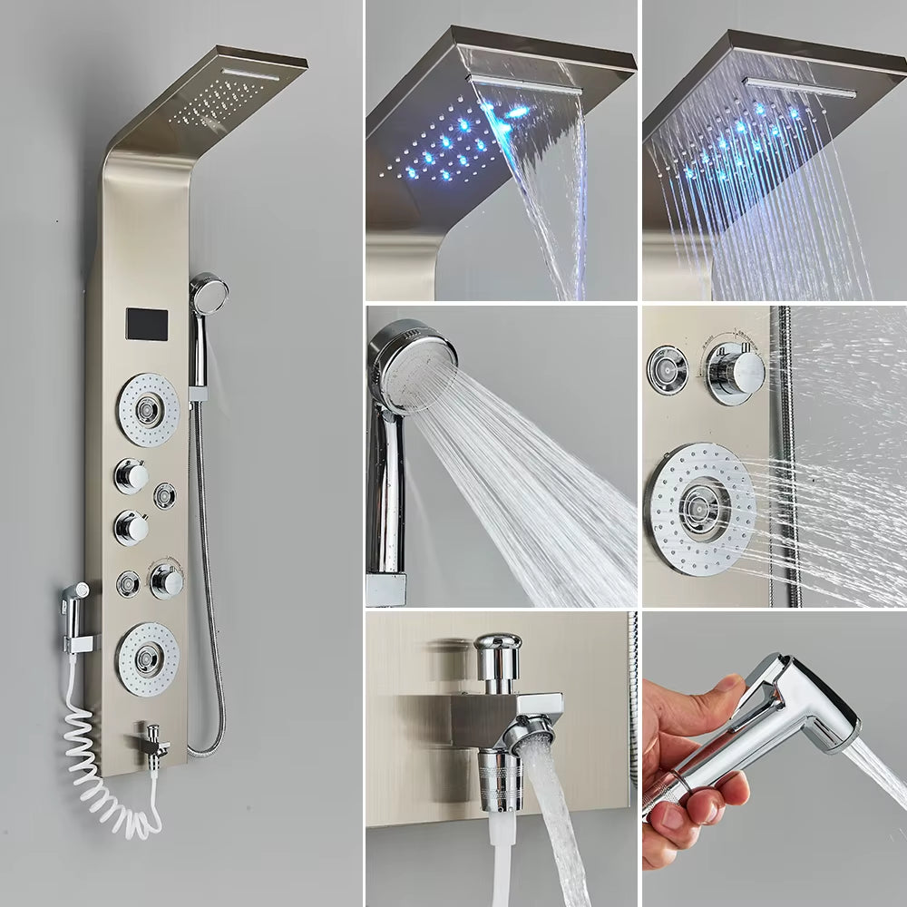 Newly Luxury Black/Brushed Bathroom Shower Faucet LED Shower Panel Column Bathtub Mixer Tap with Hand Shower Temperature Screen