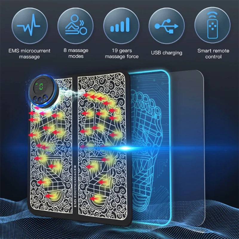 Rechargeable EMS Foot Massager Pad with Remote Control - Portable Electric Muscle Stimulation Mat for Pain Relief and Relaxation