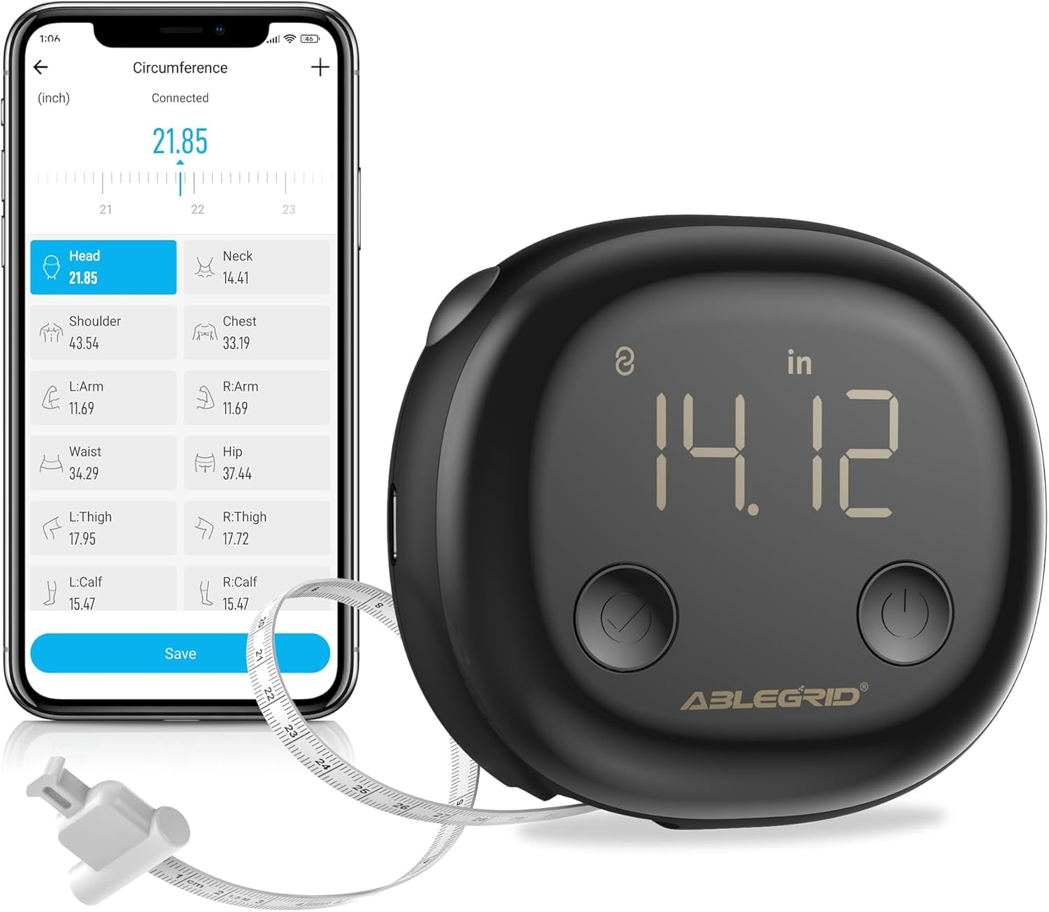 Smart Body Tape Measure,Rechargeable Body Measuring Tape with Fitdays App,Accurate Retractable Digital Body Measurement Device Tool for Muscle Gain,Weight Loss,Fitness,Locking,60In/150Cm