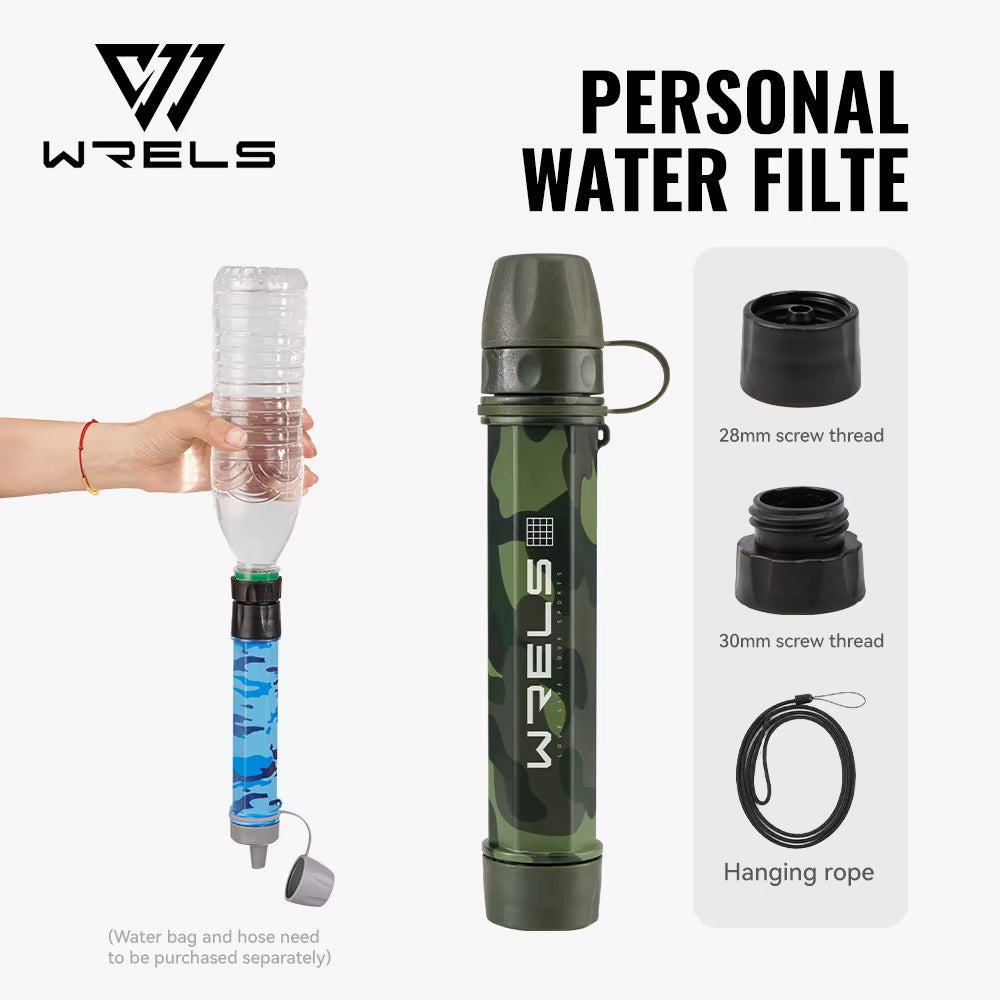 WRELS Outdoor Mini Water Purification Filter Straw with Carbon Fiber Water Bag for Camping and Emergency Preparedness
