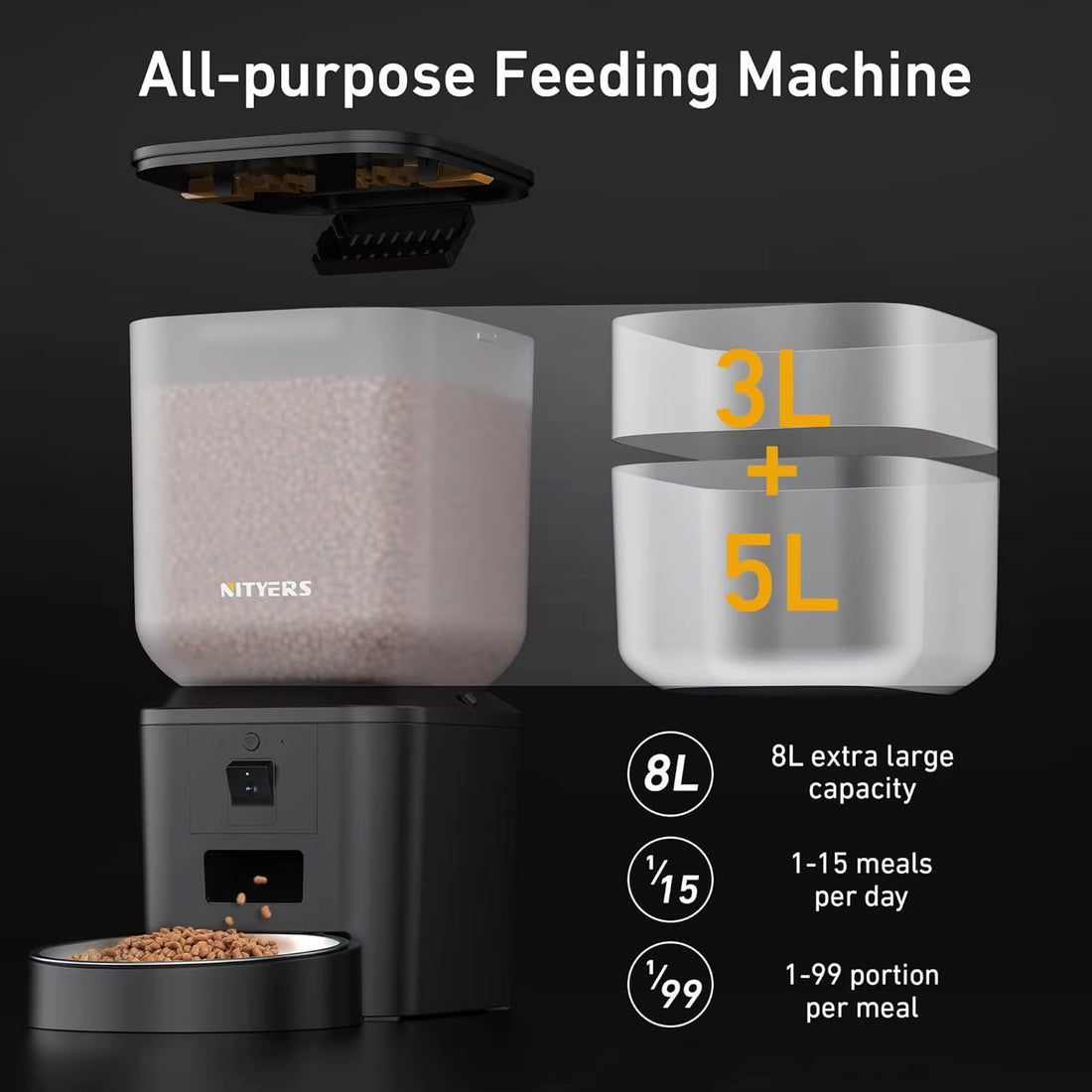 Automatic Pet Feeder with Camera & Wifi, 8L Capacity, 1080P Night Vision, Two-Way Talk, Timed Dispenser for Cats and Dogs