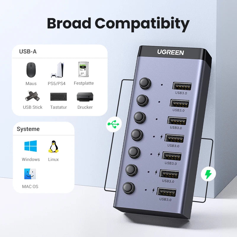 7-Port USB 3.0 Hub with Individual ON/OFF Switches and LED Indicators for Desktop and Laptop USB Port Expansion