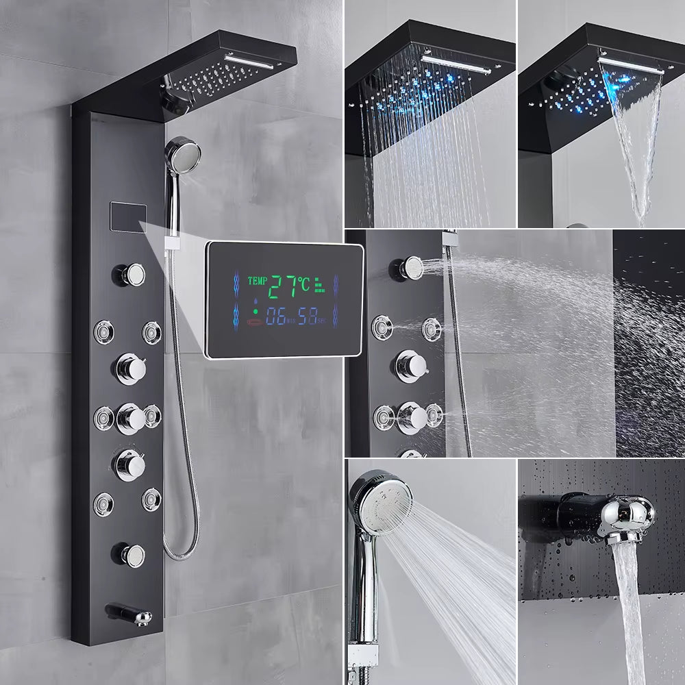 Newly Luxury Black/Brushed Bathroom Shower Faucet LED Shower Panel Column Bathtub Mixer Tap with Hand Shower Temperature Screen