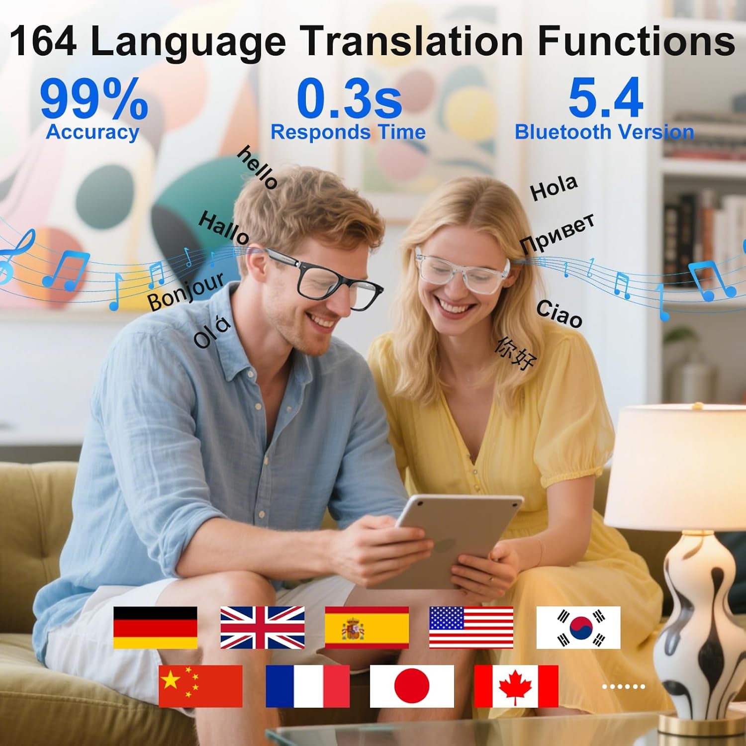 AI Smart Glasses for Men and Women with Chat GPT, Bluetooth Translation Glasses with 164 Languages and Color-Change Lens, Music Playback & Hands-Free Calls, UV & Blue Light Protection