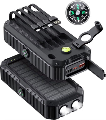 Solar Charger Power Bank 40000Mah Built in 4 Cables and Hand Crank,Portable Charger 6 Outputs & 4 Inputs External Battery Pack