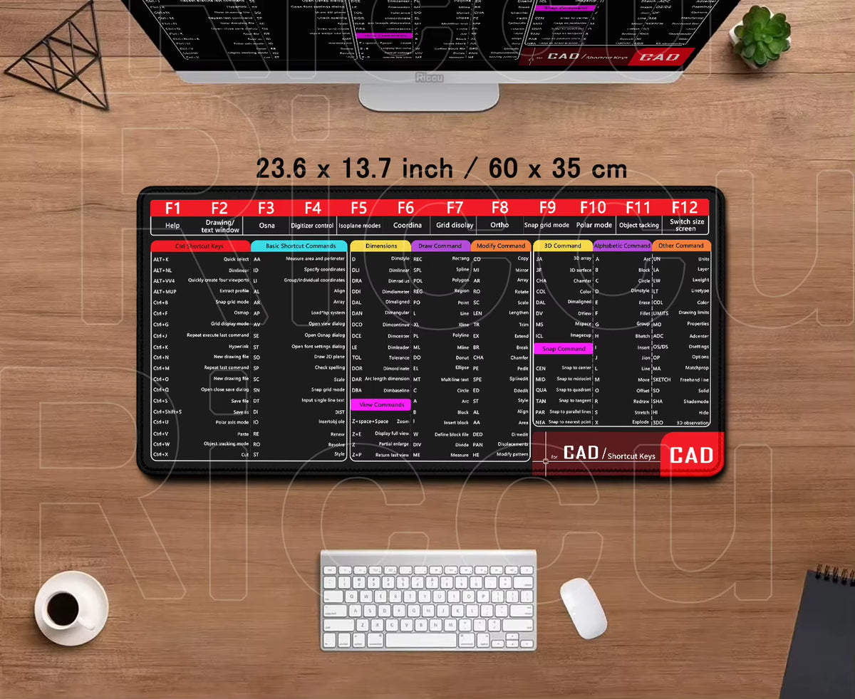 Professional Office Mouse Pad with AutoCAD Cheat Sheet - Large 100x50cm Gaming Desk Mat, Stitched Edge, Non-Slip Rubber Base