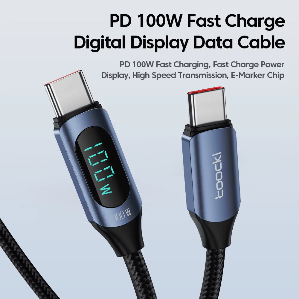 100W USB-C Cable with 5A LED Digital Display for High-Speed Charging and Data Transfer Compatible with Samsung, Xiaomi, POCO, and Huawei