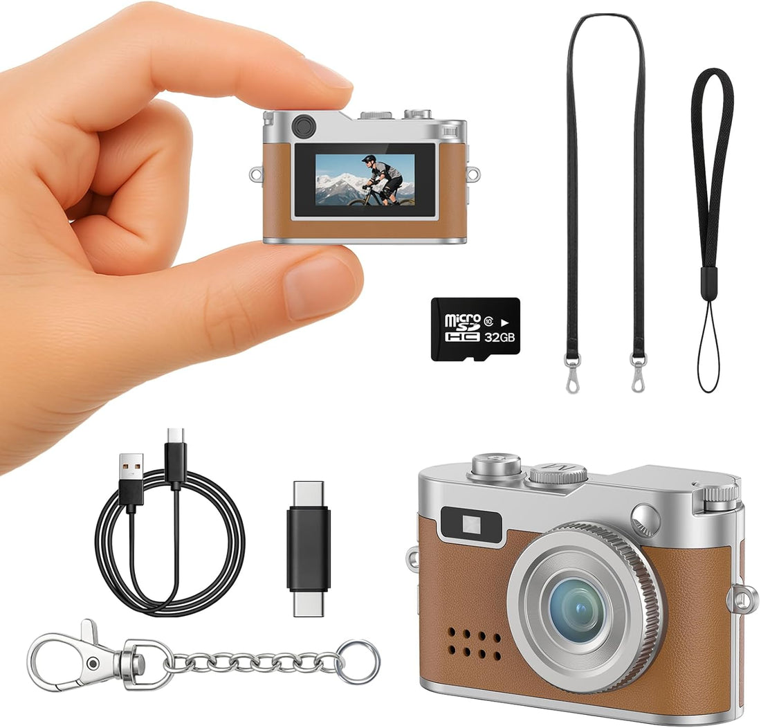 Mini Retro Camera with 1080P Video, 12MP Photos, Keychain Digital Camera, Ultra-Compact Tiny Camera with 32GB SD Card, OTG Adapter, Vintage Little Cameras for Travel, Daily Vlogging, Ideal Gift, Brown