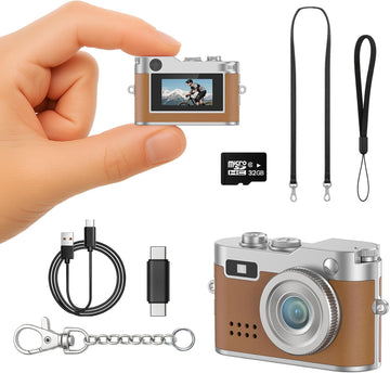 Mini Retro Camera with 1080P Video, 12MP Photos, Keychain Digital Camera, Ultra-Compact Tiny Camera with 32GB SD Card, OTG Adapter, Vintage Little Cameras for Travel, Daily Vlogging, Ideal Gift, Brown