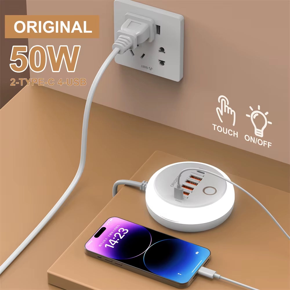 PD 50W Charger USB Type C 6 Ports QC3.0 Mobile Phone Wall Adapter with Touch LED Light for Iphone Samsung Xiaomi Travel Charger