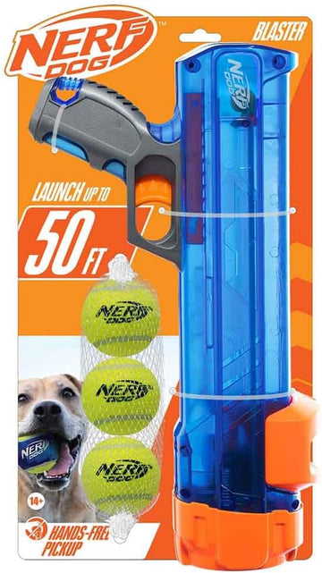 Tennis Ball Blaster Dog Toy Gift Set, Tennis Ball Dog Fetch Toy Launches up to 50 Ft, Dog Ball Thrower for All Breeds Includes Translucent Blue Tennis Ball Launcher and 3 Dog Tennis Balls