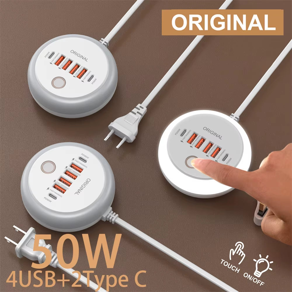 PD 50W Charger USB Type C 6 Ports QC3.0 Mobile Phone Wall Adapter with Touch LED Light for Iphone Samsung Xiaomi Travel Charger