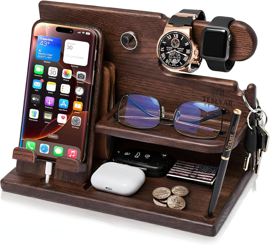 Wood Phone Docking Station for Men - Desk or Nightstand Organizer - Birthday Gifts for Husband, Dad - Anniversary Idea from Wife - Key Holder, Stand Wallet, Watch & Essentials (Bourbon Brown)