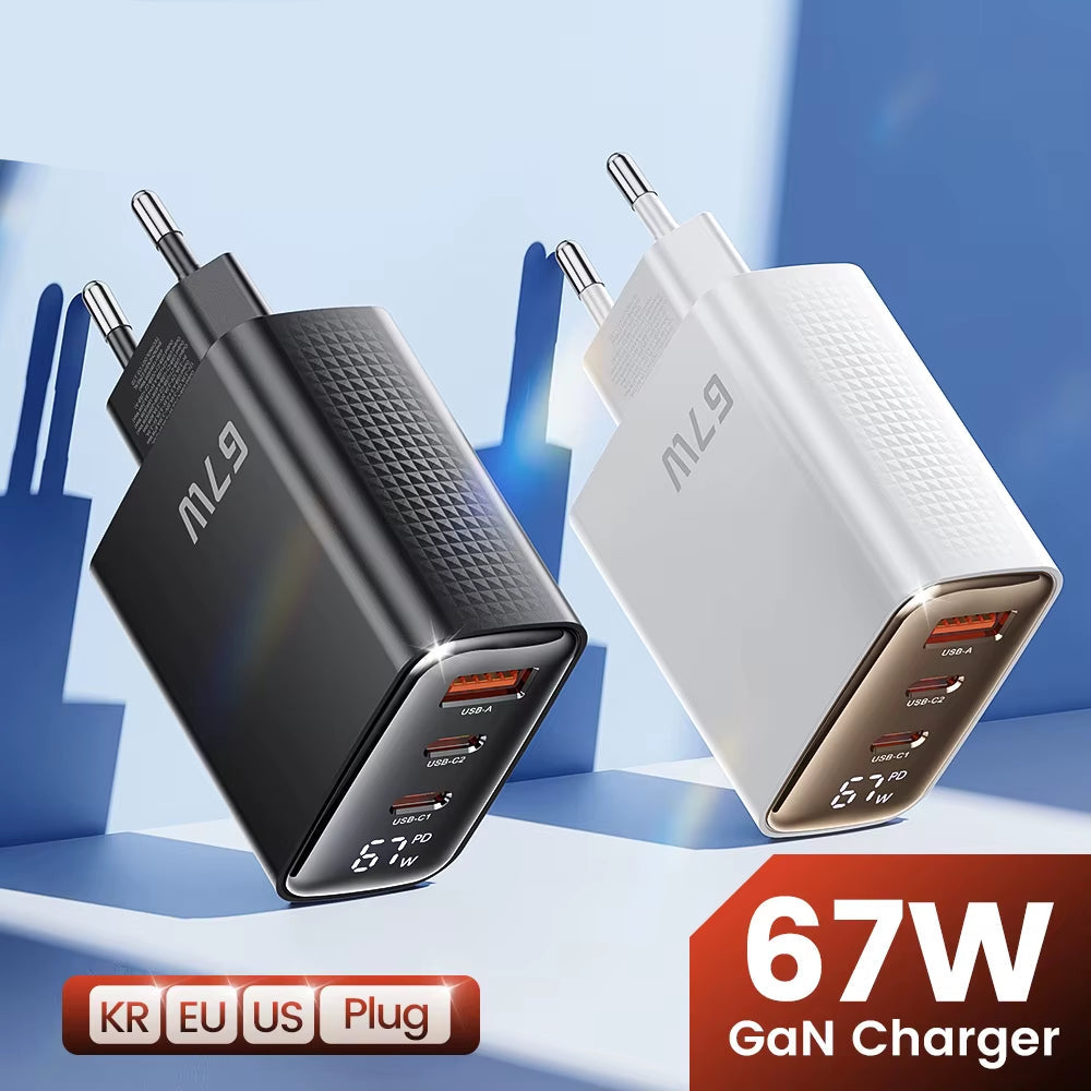 67W GaN Charger with Digital Display, Quick Charge 4.0/3.0, Fast Type-C USB Charger for Laptops, iPhone, Samsung, Xiaomi, Realme, and POCO
