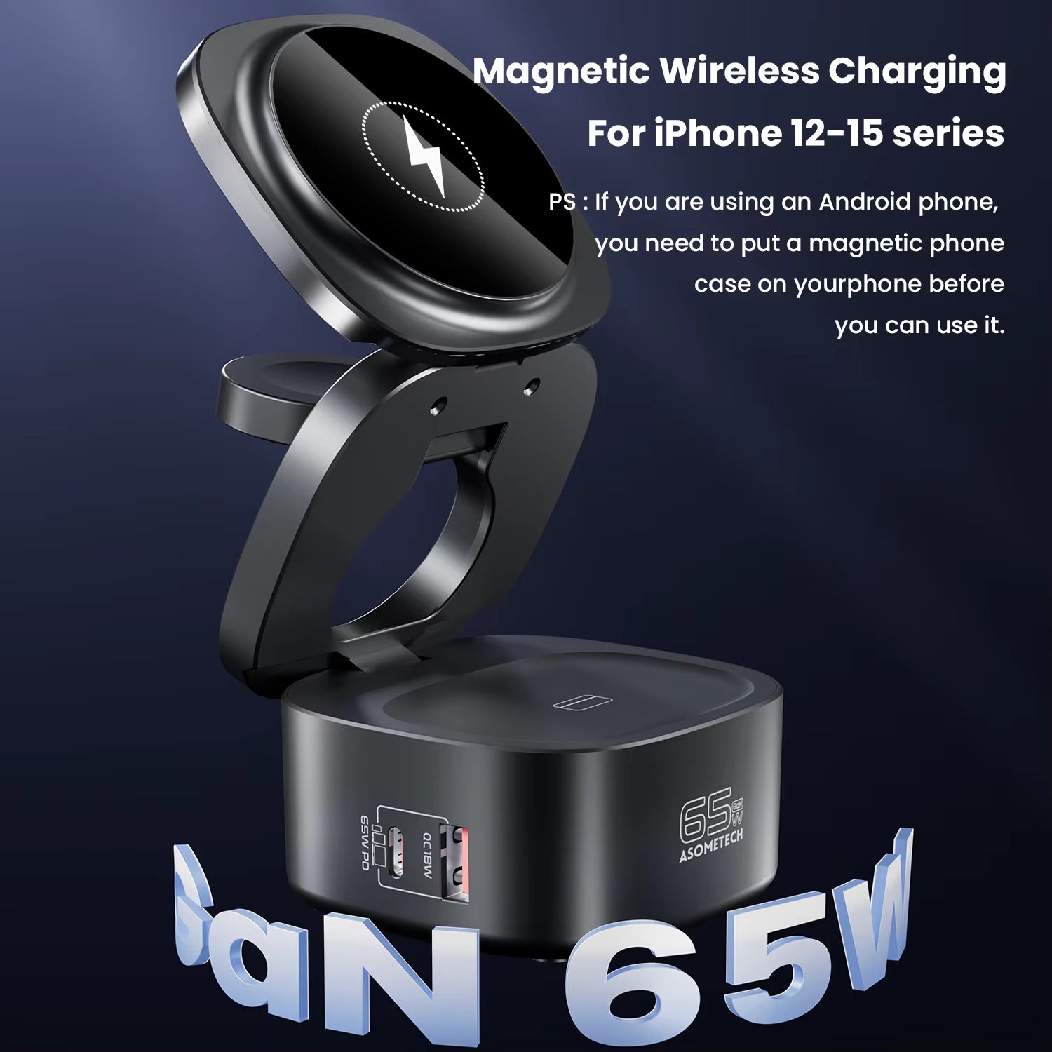 65W Gan Fast Charger for Macbook Samsung Magnetic 5 in 1 Foldable Wireless Charger Station for Iphone 16 Iwatch Airpod