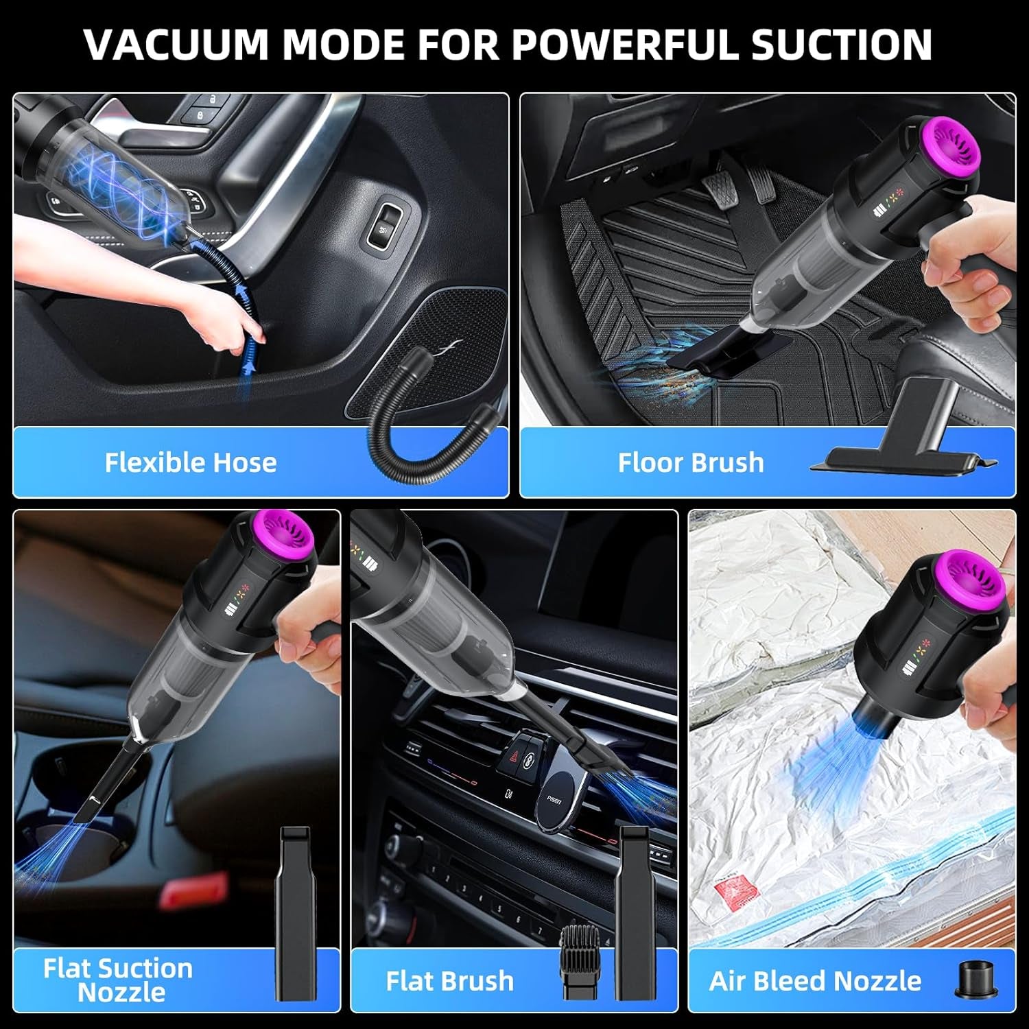 Cordless Vacuum Cleaner - 22000PA Handheld Car Vacuum, 4-In-1 Portable Mini Air Duster Rechargeable, 3-Speed Small Powerful Gadgets & Gifts, for Home, Office, Mattress, Carpet, Pet (Black)