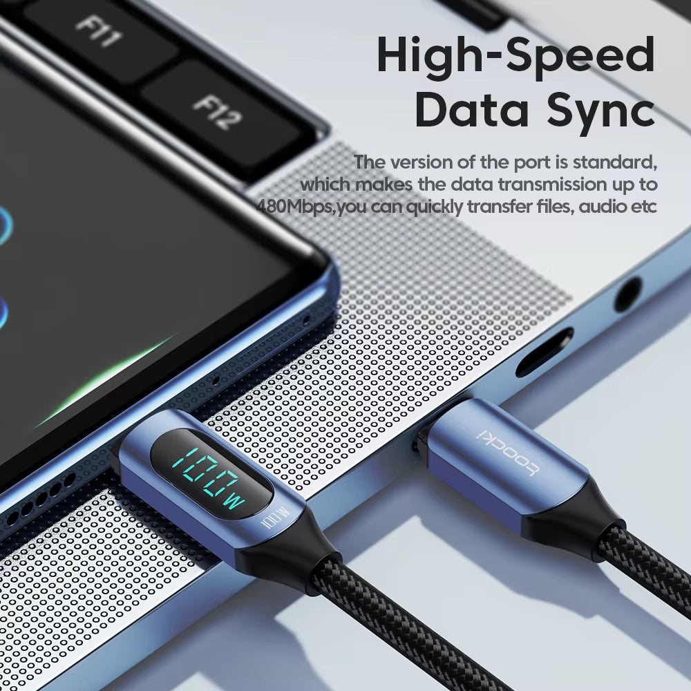 100W USB-C Cable with 5A LED Digital Display for High-Speed Charging and Data Transfer Compatible with Samsung, Xiaomi, POCO, and Huawei