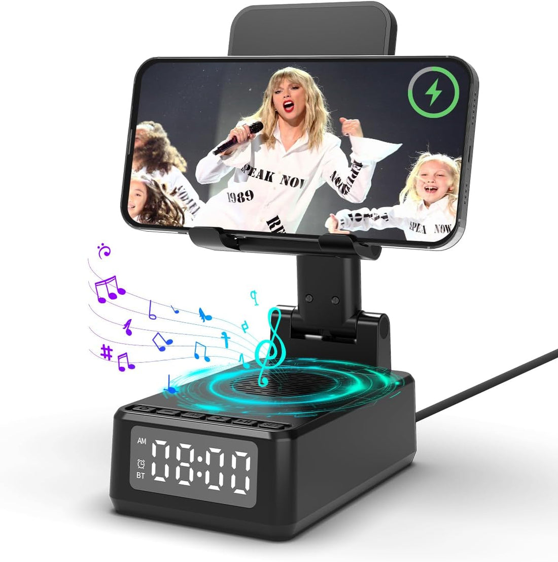 Birthday Gifts for Men Women,Cell Phone Stand with Wireless Bluetooth Speaker,Wireless Phone Charger Stand Alarm Clock for Iphone,Holiday Gifts for Men Women Dad Mom Husband Teen Cool Tech Gadgets