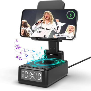 Birthday Gifts for Men Women,Cell Phone Stand with Wireless Bluetooth Speaker,Wireless Phone Charger Stand Alarm Clock for Iphone,Holiday Gifts for Men Women Dad Mom Husband Teen Cool Tech Gadgets