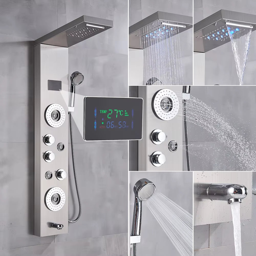 Newly Luxury Black/Brushed Bathroom Shower Faucet LED Shower Panel Column Bathtub Mixer Tap with Hand Shower Temperature Screen