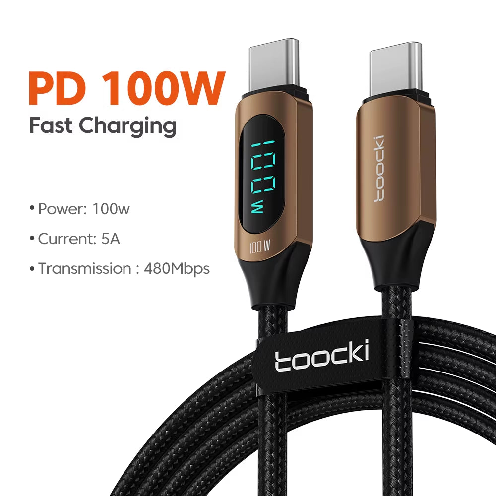 100W USB-C Cable with 5A LED Digital Display for High-Speed Charging and Data Transfer Compatible with Samsung, Xiaomi, POCO, and Huawei
